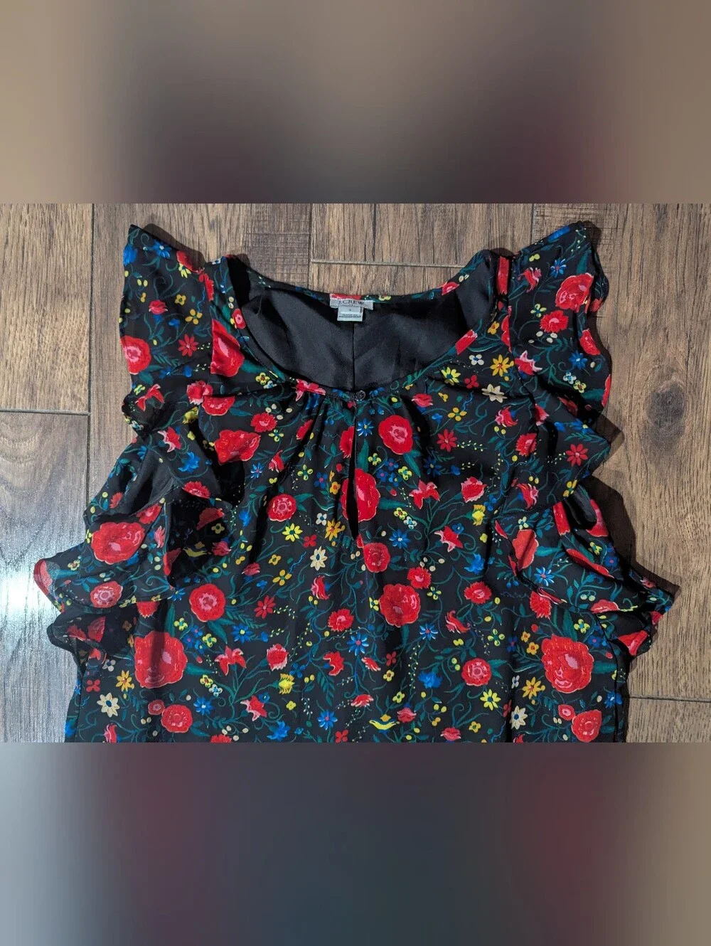 J Crew Black w/ Vibrant Red & Yellow Floral Print Flutter Mini Ruffle Dress Sz S